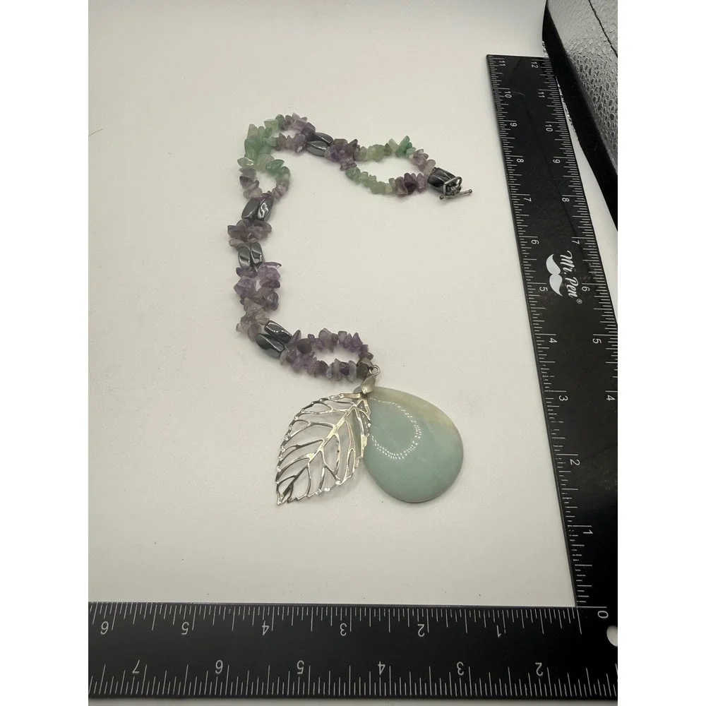 Boho Amethyst Aventurine Amazonite‎ Chip Bead Necklace Silver Leaf Pendant 19